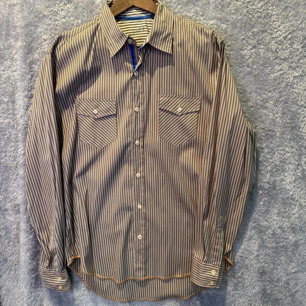 Arnold Zimberg Mens Button Shirt Medium Brown/Cream Stripe Cotton Hollywood
